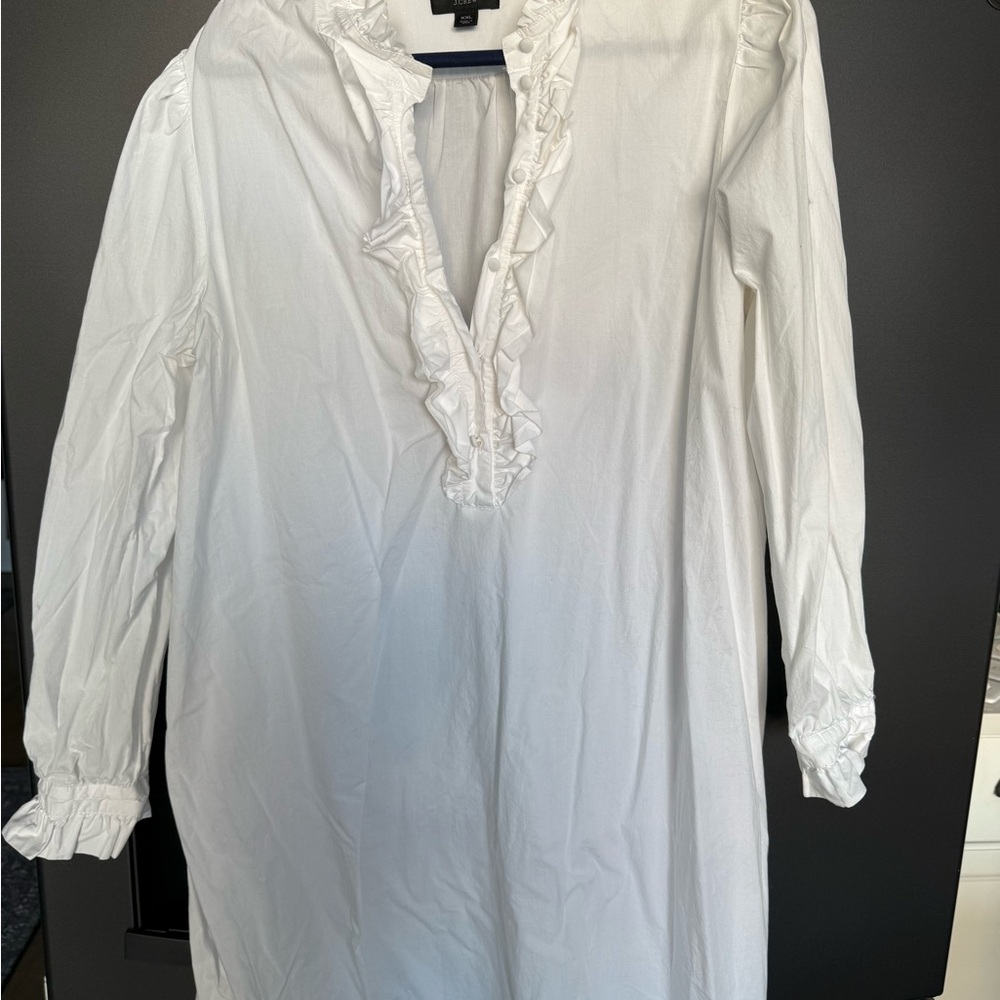 White Ruffled Long Sleeve Shirt Dress